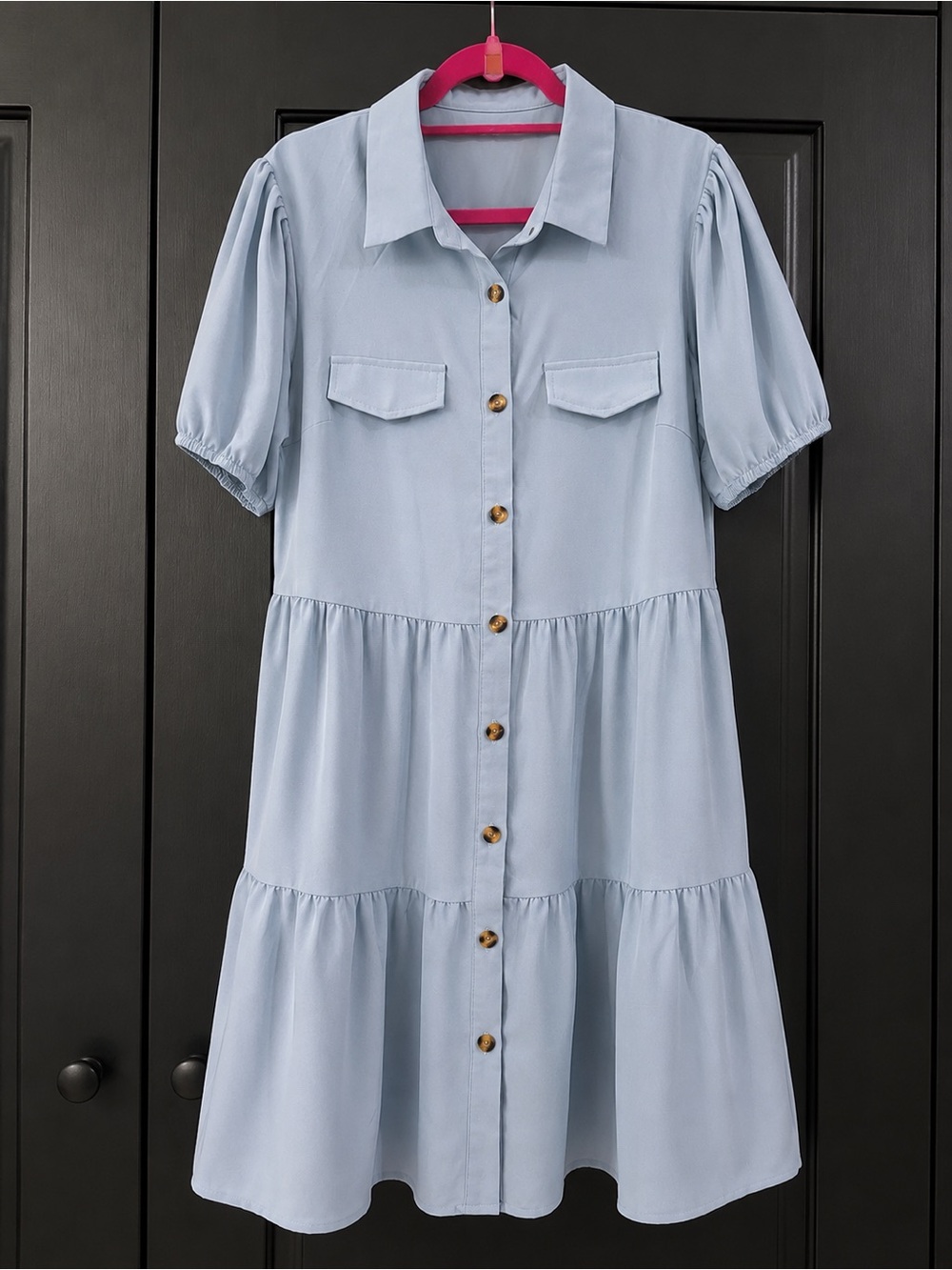 Light Blue Button-Front Tiered Shirt Dress